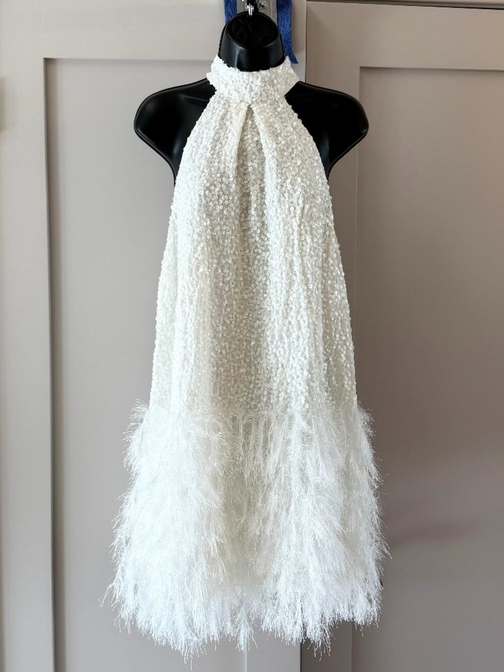 ASOS EDITION White Sequin High Neck Halter Mini Dress Faux Feather Hem Sz 4